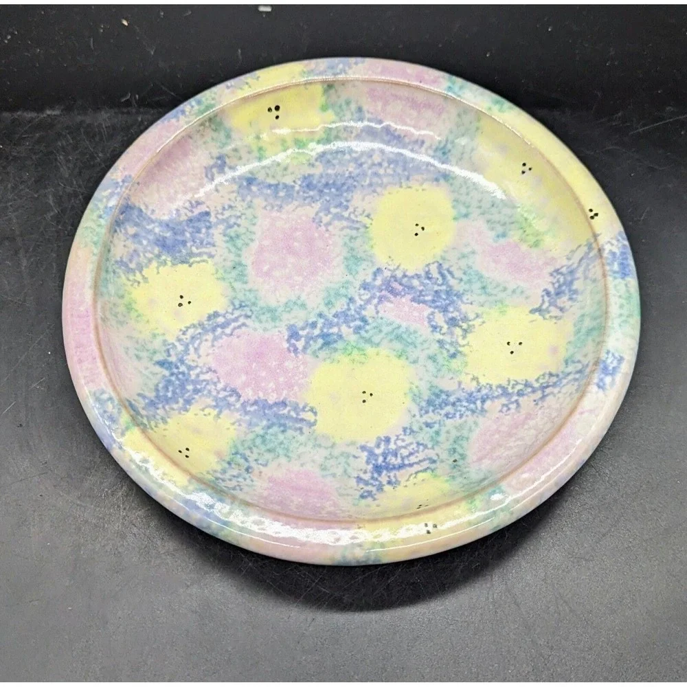 Vntg SPONGED FLORAL REDWARE PIE PLATE Christian Ridge Pottery Paris Maine 7.75